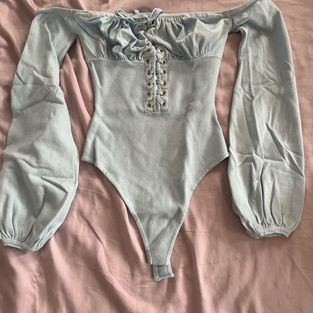 Off the shoulder baby blue bodysuit
